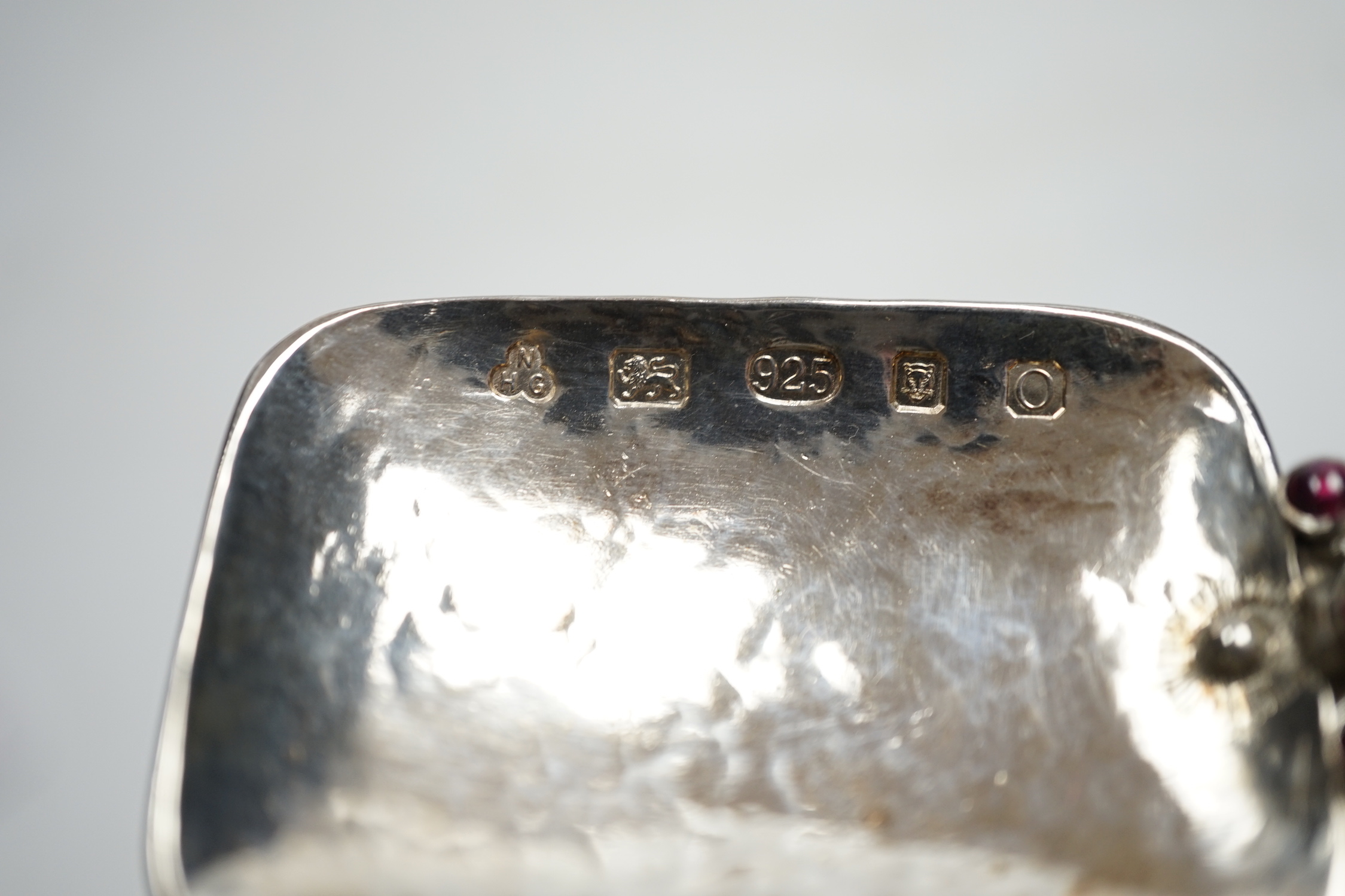 A modern Arts & Crafts silver and four stone cabochon garnet set spoon, maker HNG, London, 2013, 23cm, gross weight 115 grams.